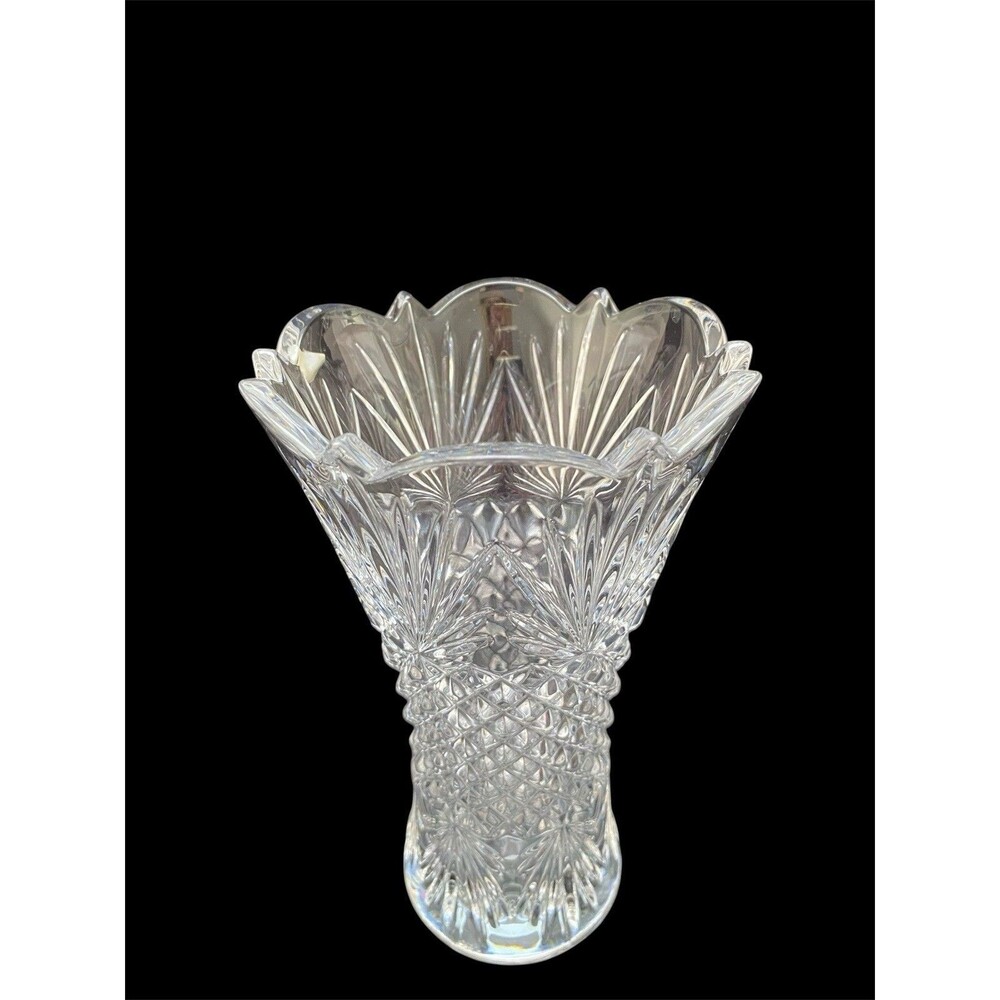 Czech Bohemia 7.75 Heavy Clear Crystal Vase  Diamond Fan Pattern 24%  PbO￼